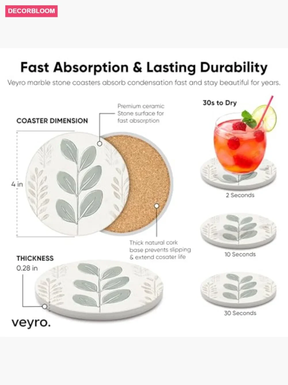 Set of 6 Absorbent Ceramic Stone Coasters with Non-Slip Cork Backing and Metal